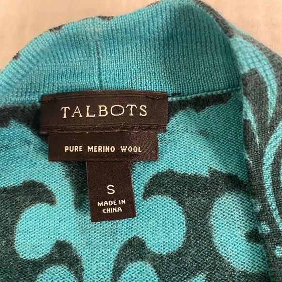 Talbots Green Teal Paisley Merino Wool Long Sleeve Open Cardigan Sweater Small - Picture 4 of 12